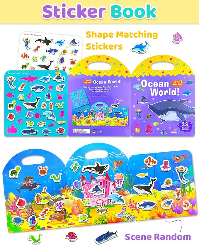 Benresive Reusable Sticker Book for Toddlers, Travel Stickers for Kids, Toddler Crafts Activities Toys, Birthday Gifts for Boys & Girls - Ocean World