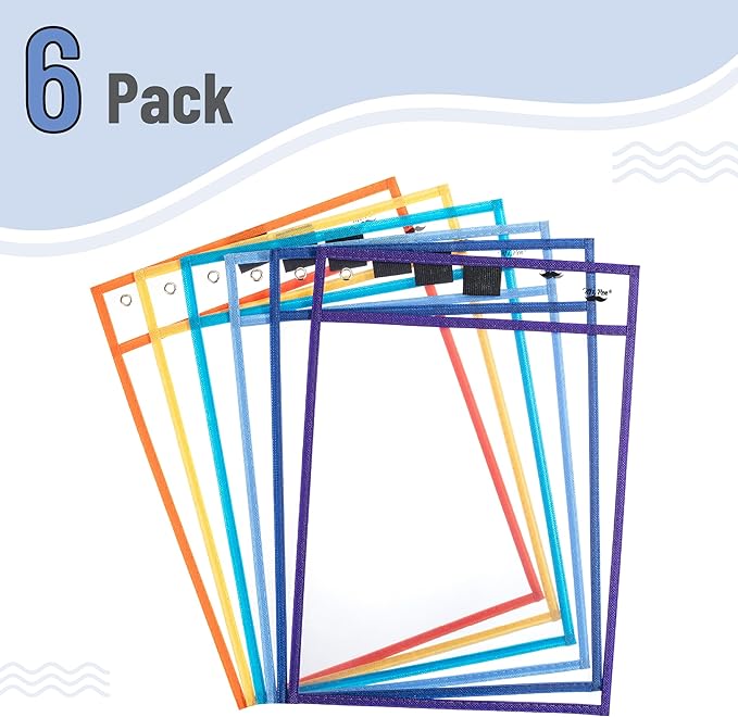 Mr. Pen- Reusable Dry Erase Pocket Sleeves, 10" x 14", 6 Pack, Colorful, Clear Plastic Paper Sleeves, Ticket Holders, Clear Plastic Sheet Protectors, Teacher, School, Classroom Supplies