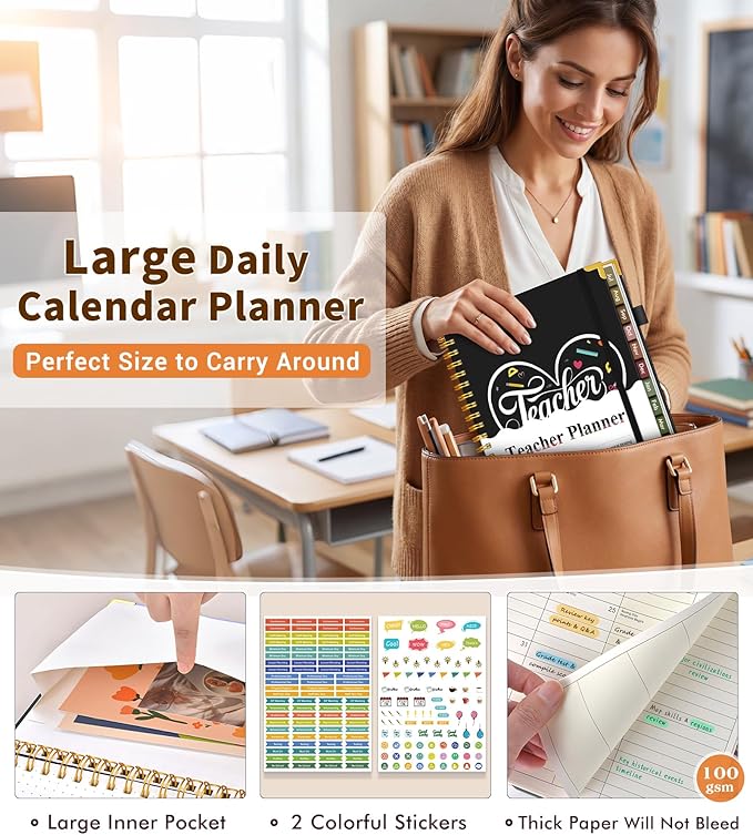 Teacher Planner 2026-2027, July 2026 - June 2027, Academic Weekly & Monthly Calendar Planner with Tabs, 8.5" x 11" A4 Teacher Lesson Plan Book with 7 Periods, Daily Agenda School Organizer for Teacher Student Homeschool, Black Background Pattern