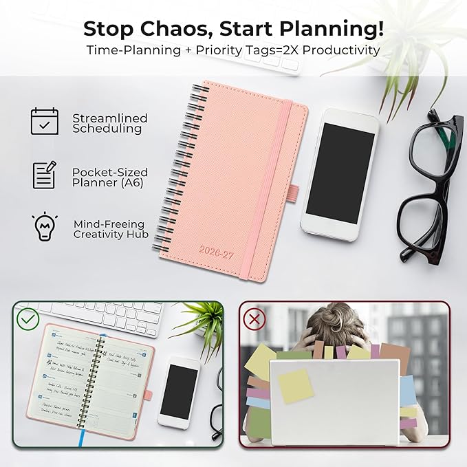 Planner 2026-2027 Daily Weekly and Monthly,6.5"x3.75",18 Months Spiral Bound Calendar Agenda with Self-adhesive Pen Holder,2026 Academic Plan with Vegan Leather Soft Cover,Pink
