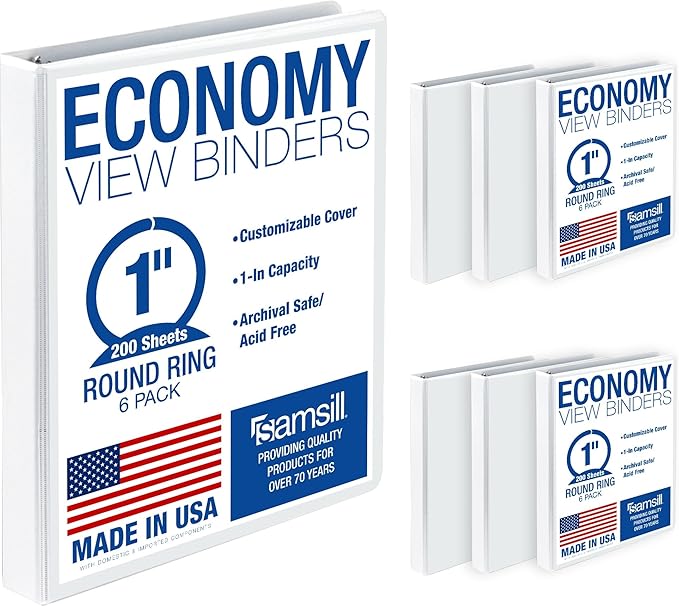 Samsill 1 Inch 3 Ring Binders, Economy Round Ring, Clear View Cover, 200 Sheet Capacity - for School, Home, Office - White, 6 Pack