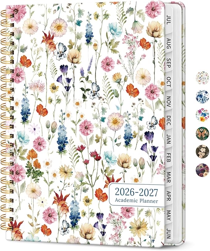 Planner 2026-2027, Academic Year Monthly and Weekly Calendar Planner, Jul 2026 - Jun 2027, Hardcover Teacher Student Planning Agenda book with Tabs, Perfect for School Office Supplies, 8.5" x 11" - Wildflowers