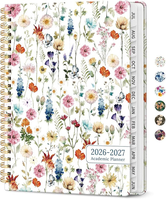 Planner 2026-2027, Academic Year Monthly and Weekly Calendar Planner, Jul 2026 - Jun 2027, Hardcover Teacher Student Planning Agenda book with Tabs, Perfect for School Office Supplies, 8.5" x 11" - Wildflowers