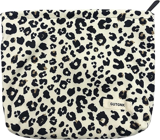 GUTGNK Corduroy Ladies Cosmetic Bag, Large Capacity Canvas Cosmetic Bag Travel Toiletry Bag Accessories Organizer, Black Spot Leopard Print