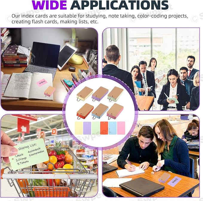Swpeet 600 Sheets 2.1 x 3.5 Inch Colored Index Cards with Binding Rings, Notecards Index Cards, 6 Colors Easy Flip Flash Card Blank for School Learning Memory Recipe Cards Game Card