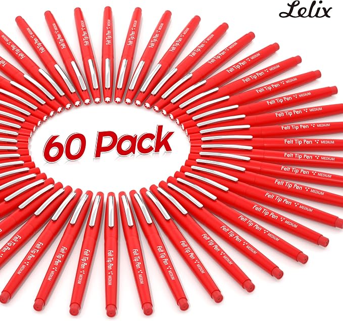 Lelix Felt Tip Pens, 60 Red Pack, 0.7mm Medium Point, Felt Tip Markers Pens for Journaling, Writing, Note Taking, Planner, Perfect for School Office and Art Supplies