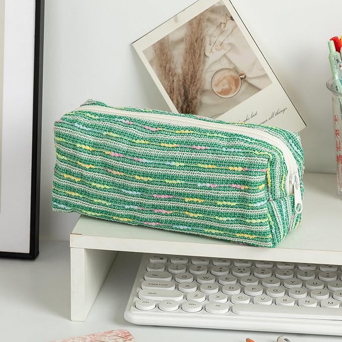 Cute Striped Pencil Case for Girls Large Capacity Aesthetic Pen Pouch with Zipper Stationery Organizer Bag for School Office Durable Pencil Box for Teens Students Women Kids (Square-Green)