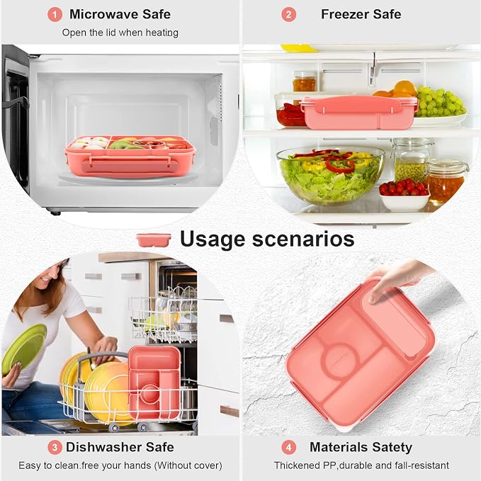 Amathley Bento Box Adult Lunch Box Kids,Lunch Containers for Adults/Kids/Toddler,5 Compartments Bento Lunch Box with Sauce Vontainers,Microwave & Dishwasher & Freezer Safe,BPA-Free (Pink)