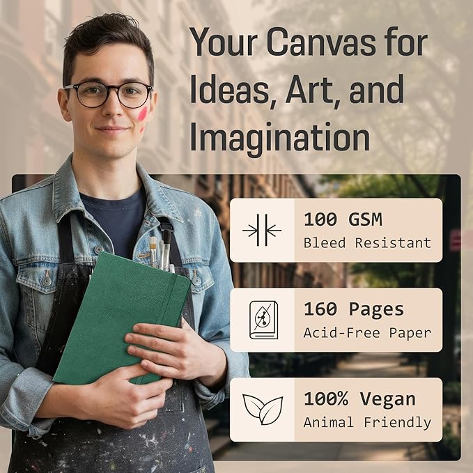 BROWNSTONE JOURNALS A5 Sketch Book Hardcover - 80 Sheets 100 GSM Paper 5"x8", Lay Flat, Vegan Leather Cover, Elastic Band, Back Pocket, Art Drawing Book (Dartmouth Green)