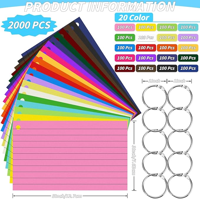 2000 PCS Colored Index Cards 3x5 In Flash Cards with Ring, 20 Colors Punched Lined Flashcards Ruled Index Cards Notecards Study Cards Heavy Note Card for Studying Office To Do List