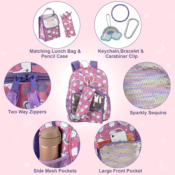 Trail maker Girls 6 in 1 Backpack and Lunch Box Set for School with Pencil Case, Water Bottle, Keychain Attached for Kids (Sparkle Unicorns)