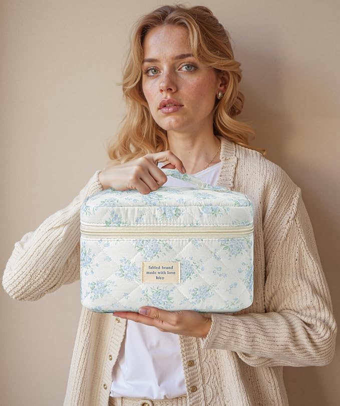 HBselect Quilted Makeup Bag, 3Pcs Cotton Large Travel Makeup Bags Organizer | Cute Floral Make up Bag Cosmetic Bag Toiletry Bag for Women Girls, Makeup Pouch for Skincare, Brushes & Travel Essentials