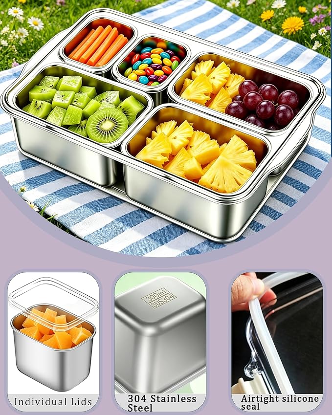 Snackle Box Container, 5-Compartment Stainless Steel Snack Box, Dishwasher Safety Snack Tray with Lid and Handle, Large Divided Serving Tray for Travel, Picnic, Beach, Pool and Parties
