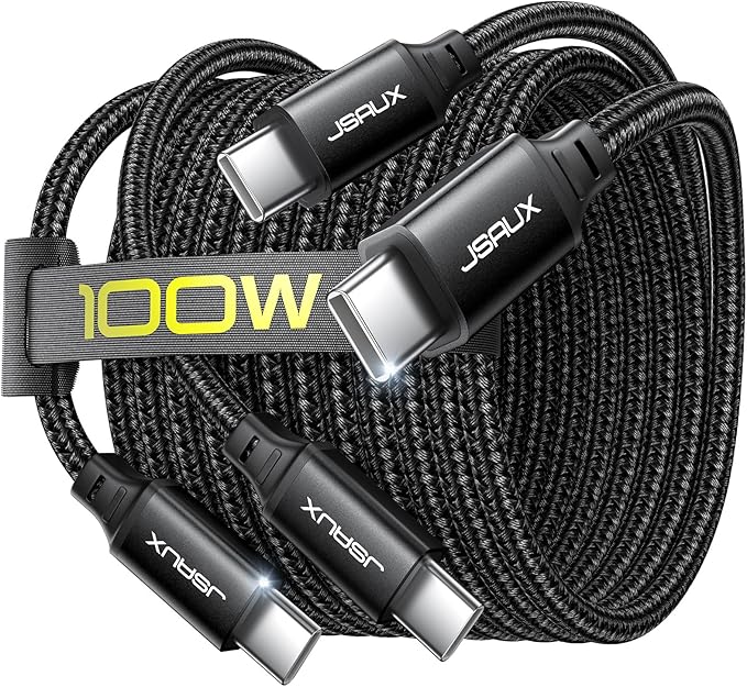 JSAUX 100W USB C to USB C Cable [2-Pack 10FT], Type C Fast Charging Cord for iPhone 17 Air/iPhone 17/iPhone 17 Pro/iPhone 17 Pro Max, iPhone 16/15 Series, Galaxy S/Note Series, MacBook, iPad - Black