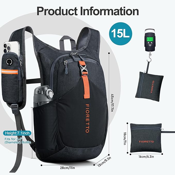 FIORETTO 10L/15L/20L Hiking Backpack for Women Men Mini Packable Backpack Lightweight Small Daypack for Travel Camping