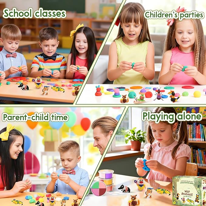 Wild Rainforest Air Dry Clay Kit for Kids - 12 Jungle Animal Models with 4 Colors & Tools, Animal Making Clay Set, Non-Toxic Air Dry Modeling Clay, Creative DIY Craft Gift for Ages 3-12