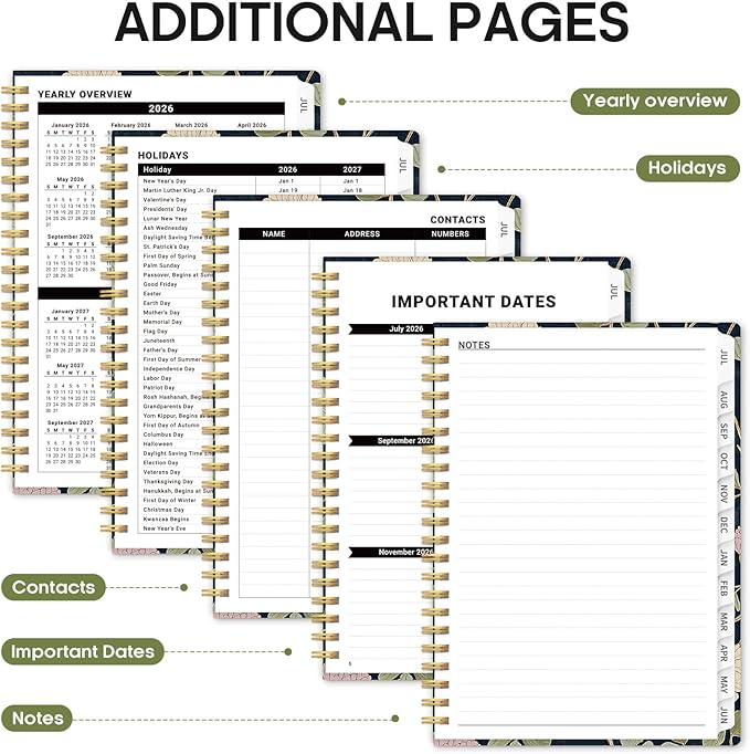 Planner 2026-2027, Academic Year Monthly and Weekly Calendar Planner, Jul 2026 - Jun 2027, Hardcover Teacher Student Planning Agenda book with Tabs, Perfect for School Office Supplies, 6.3" x 8.5" - Blush Vines