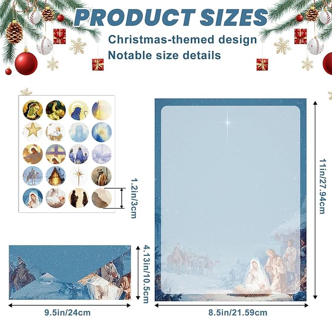 250Pcs Stationery Paper and Envelopes Set with 100 Letterhead Papers and 50 Envelope, 10 Design for Letter Writing Invitations Computer Holidays Party Notes, 8.5x11 Inch-Nativity