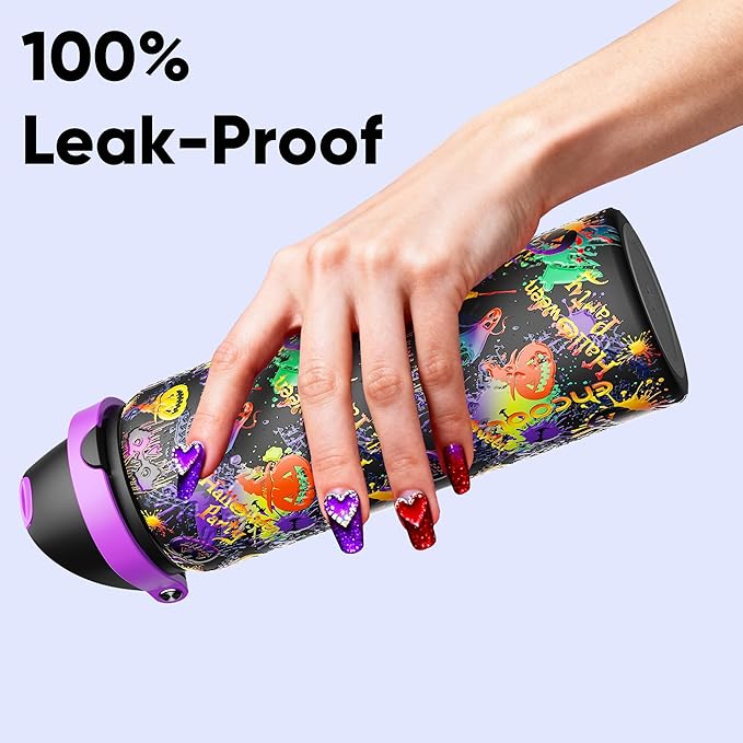 Insulated Water Bottle with Straw - Encool Stainless Steel Water Bottle with Push Button Lid, Leak-Proof & BPA-Free, Keeps Cold for 24 Hours for Sports, Travel, Gym (32 oz, Ghost Party)