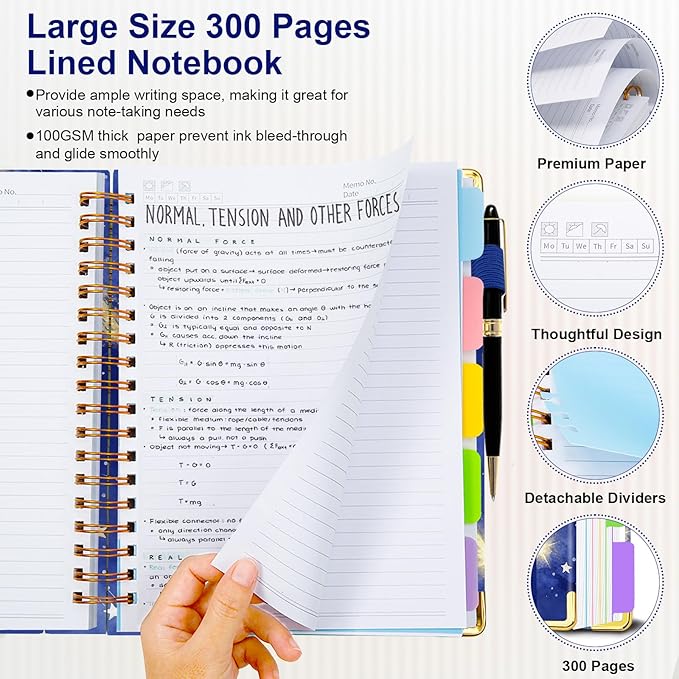 Spiral Journal Notebooks for Work, 300 Pages 5 Subject Notebook College Ruled with Dividers & Tabs, 8''x 10'' Large Notebook Journal for Women Students Note-Taking and Organizer (Starlit Meteor)