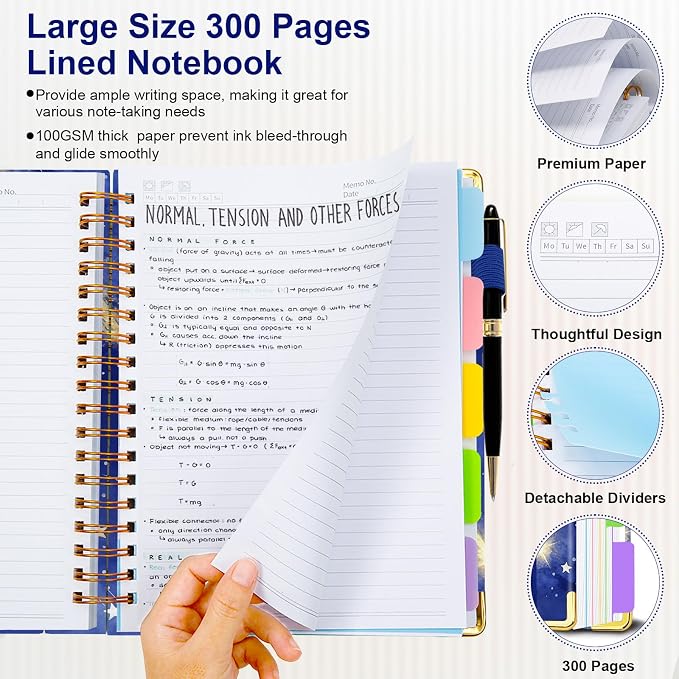 Spiral Journal Notebooks for Work, 300 Pages 5 Subject Notebook College Ruled with Dividers & Tabs, A4 Notebook Journal for Women Students Note-Taking and Organizer (Starlit Meteor)