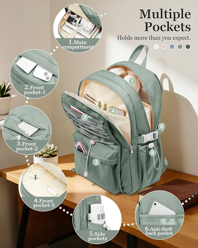 suwasp College Backpack for Women, Waterproof Laptop Backpack Fits 15.6 Inch Laptop, School Bookbag with Water Bottle Pocket, Anti Theft Work Backpack for College, Travel, Commuter,