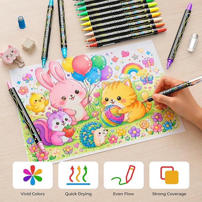 Betem 36 Colors Dual Tip Acrylic Paint Markers, Fabric Decorating Kits Premium Water-Based Acrylic Paint Pens Art Supplies for Fabric, Rock, Wood, Glass, Canvas, Ceramic, Teacher Appreciation Gift