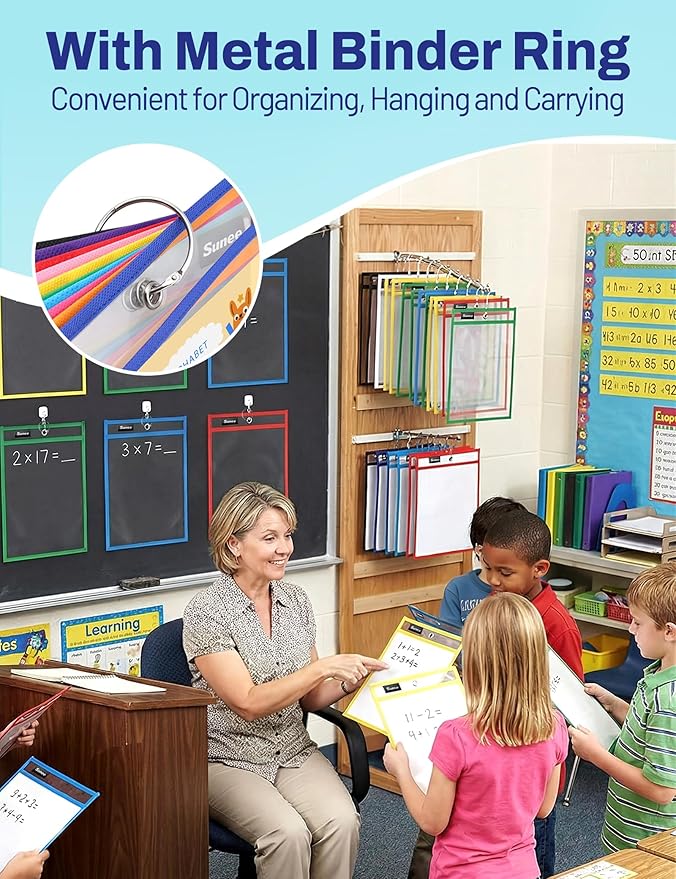 SUNEE 50 Packs Oversized Reusable Dry Erase Pocket Sleeves with 3 Rings, 10 Assorted Colors 10x14 Ticket Holders, Clear Plastic Sheet Protectors, Teacher School Classroom Supplies