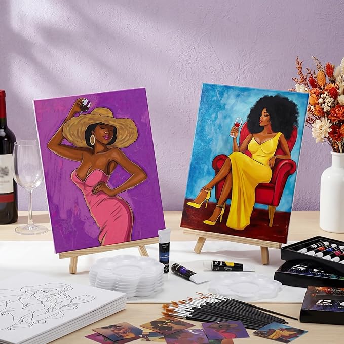 Cholemy 36 Pcs Paint and Sip Kit for Adults 8''x10'' Pre Drawn Canvas for Painting DIY Afro Acrylic Painting Kit Wood Easel Brushes Date Night Bulk for Father's Day Party Gifts(Wine Lady)