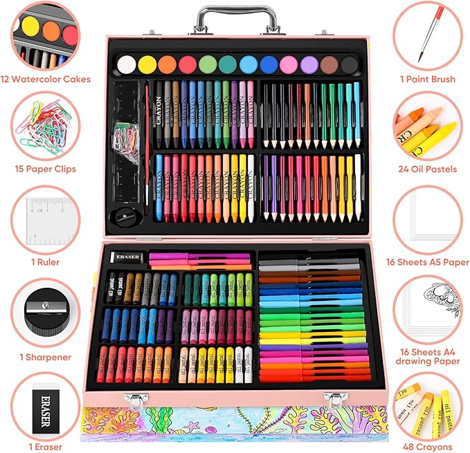Soucolor Arts and Crafts Supplies, 183-Pack Drawing Painting Set for Kids Girls Boys Teens, Coloring Art Kit Gift: Crayons, Oil Pastels, Watercolors Cake, Colored Pencils Markers, Sketch Paper