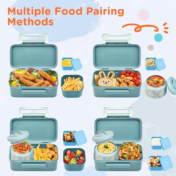 MAISON HUIS Bento Box for Kids with 8oz Soup Thermo, Insulated Lunch Bag & 17oz Water Bottle, 2-Compartment Bento Box with Built-In Ice Pack, Leak-Proof & BPA-Free