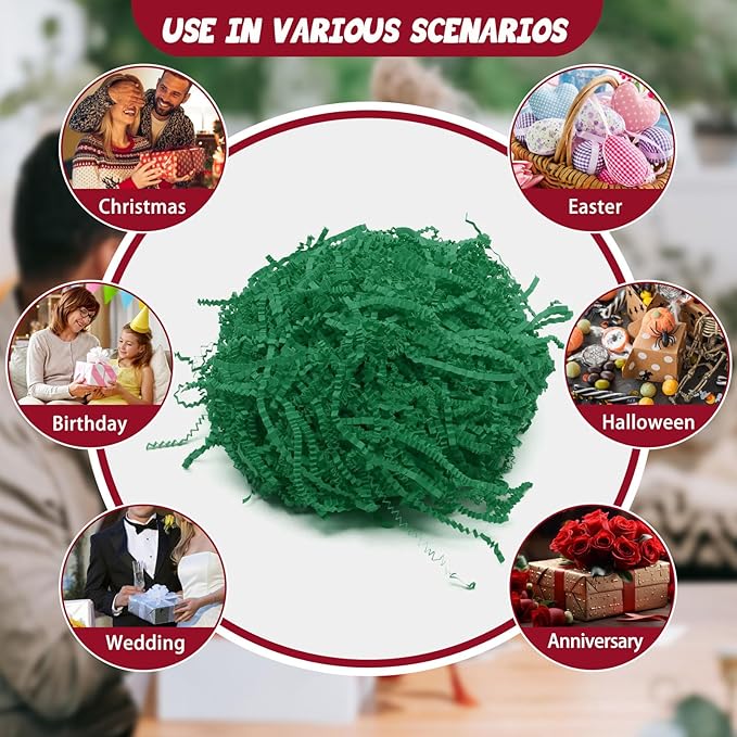 Tisspoms 1LB Crinkle Cut Paper Shred Filler, Paper Shreds for Basket Fillers, Birthday, Gift Wrapping, Anniversary, Wedding, Halloween, Thanksgiving, Christmas Gift Decor Party Filler (Dark Green)