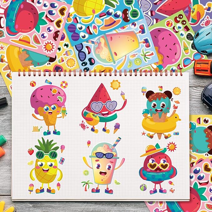 24 Sheets 8.27''×5.9'' Make Your Own Summer Stickers for Kids Toddlers, Make a Face Stickers for Kids Party Favors Activities