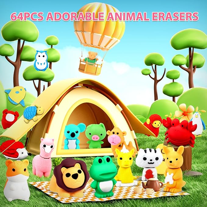 URSKYTOUS 64Pcs Animal Erasers Bulk Cute Desk Pets Kids Puzzle Erasers Take Apart Cool 3D Eraser Mini Pencil Eraser Fun Party Favors for School Supplies Classroom Rewards Easter Egg Fillers Gifts