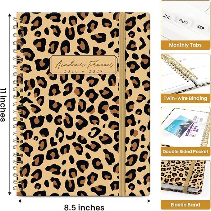 Planner 2026-2027, Academic Year Monthly and Weekly Calendar Planner, Jul 2026 - Jun 2027, Hardcover Teacher Student Planning Agenda book with Tabs, Perfect for School Office Supplies, 8.5" x 11" - Leopard