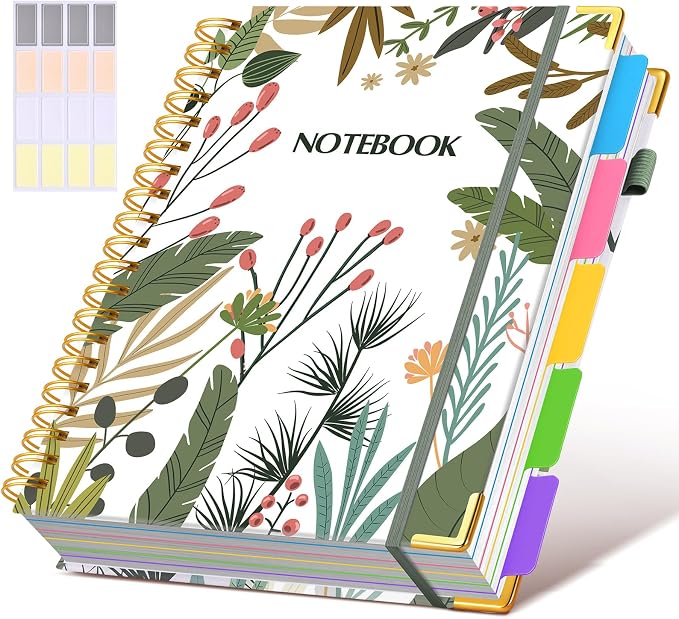 Spiral Notebooks 8.5"x11" for Work with Removable Dividers Tabs,300 Pages 5 Subject Notebook College Ruled,100GMS Notebook journal for School Note taking,Lined Journal for Women,A4 Colorful Botanicals