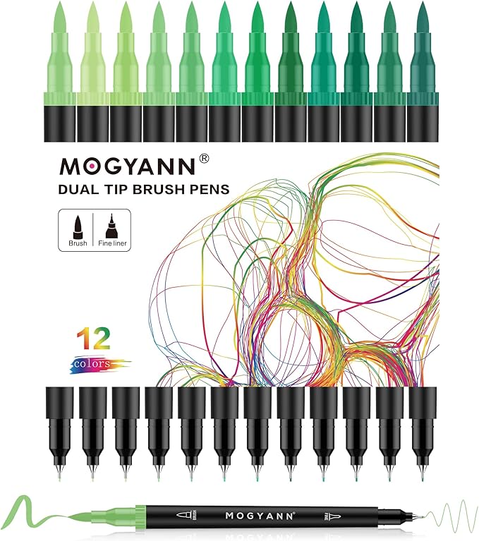 Green Markers, 12 Pack Dual Brush Pens Drawing Markers for Art Sketching