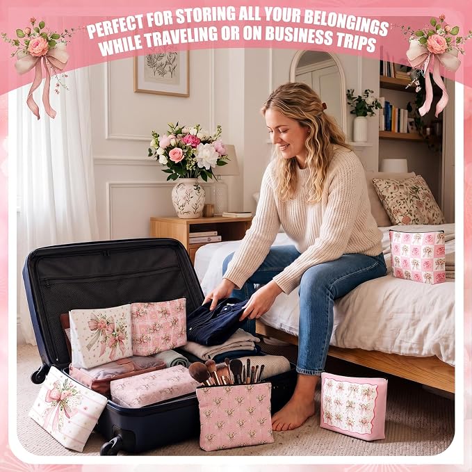 Reginary 12 Pcs Pink Bow Floral Makeup Bags Coquette Bow Cosmetic Bags with Zippers Coquette Party Favors Pink Aesthetic Elegant Pouch Bulk Gifts for Women Stuff Birthday Supplies Travel Accessory