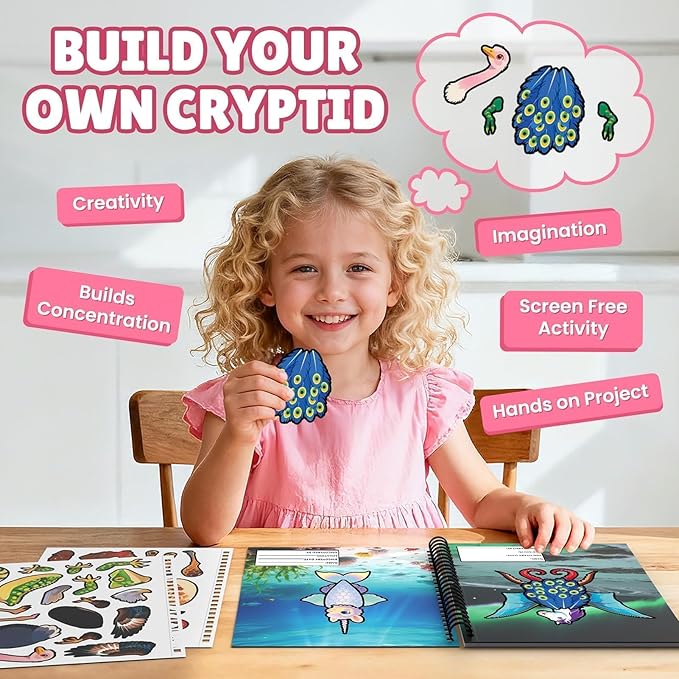 PARTYWIND Sticker Book for Toddlers, Cryptid Animals Sticker Book with 16 Scenes + 11 Sheet Stickers for Boy & Girl, Airplane Travel Toy Essentials, Cryptid Construction Kit Book for Kids Age 3-5