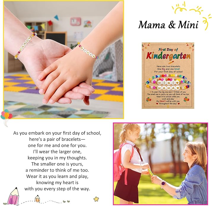 BAYLAY Back to School Bracelet - First Day of School Preschool/Kindergarten/1st Grade/2nd Grade/Back to School Stuff Gifts Supplies Mommy and Me Mommy Daughter Bracelets Heart Beaded Bracelets Gifts