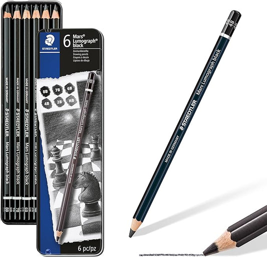 STAEDTLER Mars Lumograph Black Drawing Pencils Set: 6 Pack – Carbon Blend for Deep Black Tones, Professional Artists Pencils, 8B–HB Grades, Storage Tin, For Sketching, Shading & Fine Art Drawing