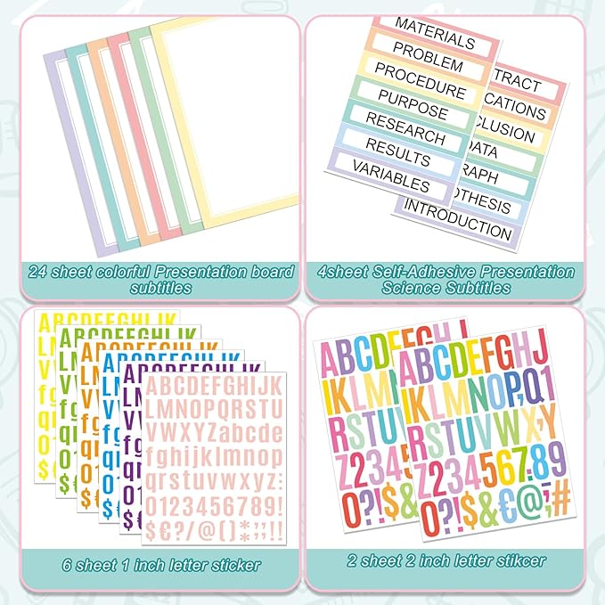PerKoop 36 Sheets Science Fair Board Poster Boards Supplies 24 Self Adhesive Presentation Subtitles 4 Science Fair Project Titles 8 Personalized Letter Sticker for Classroom(Fresh Color)