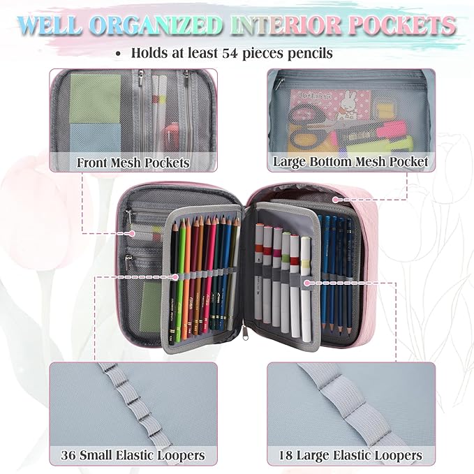 Large Pen Pencil Case,VONXURY High Capacity Art Colored Pencil Pouch Portable Stationery Organizer With 2 Detachable Layers 54 Slots Multiple Zipper Pockets for School Office College
