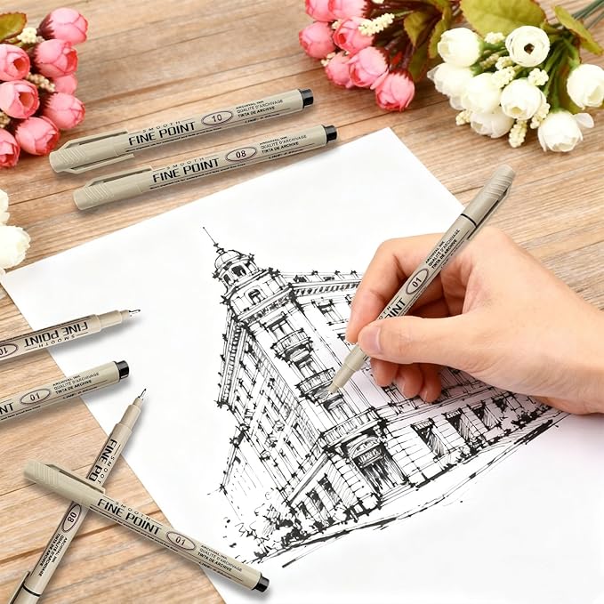 6 PCS Black Fineliner Pens - 0.25 0.5 0.6mm Ultra Fine Liner Pens - No Bleed Micro Pen Smooth Waterproof Gel Felt Ink Drawing Pens for Drawing, Sketching, Watercolor, Illustration, Manga