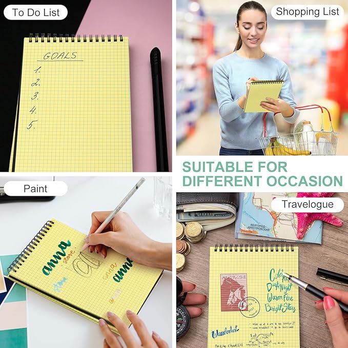 Engrowtic 6 Pack Graph Paper Spiral Notepad A5 Top Wirebound Notepad Grid Notebook Steno Pads Memo Notebook Grid Paper 140 Pages for Writing Sketching Drawing Office Supplies (Black (internal Yellow))