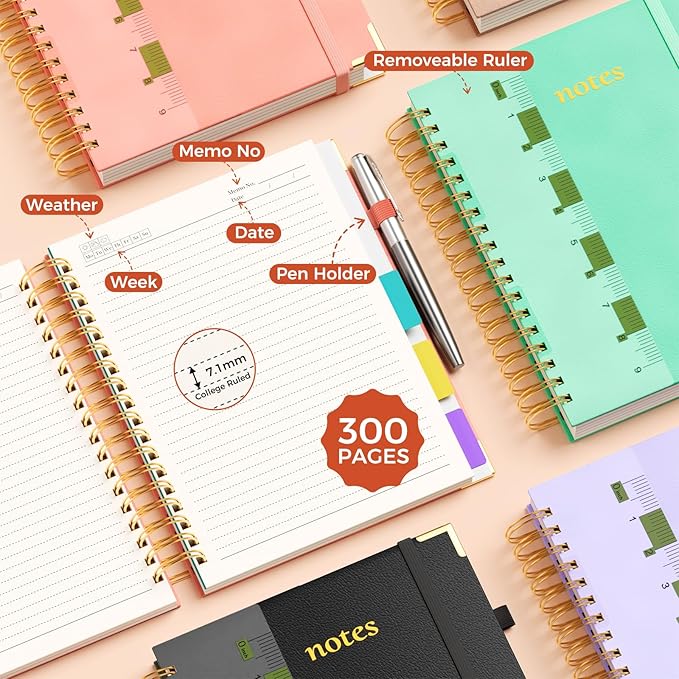 Line Hardcover Spiral Notebook with Removable Dividers Tabs & Ruler, 5 Subject Notebook College Ruled, 300 Page, Large 8"x10" B5 Notebooks for Work School, Lined Journal for Women & Men, Blue
