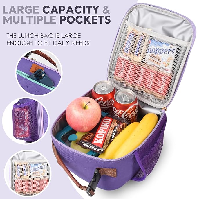 Genteen Kids Lunch Box, Lunch bag for Girls Teen,Insulated Soft Mini Cooler with Bottle Holder, Lightweight Reusable East-Clean LunchBox Back to School-Purple