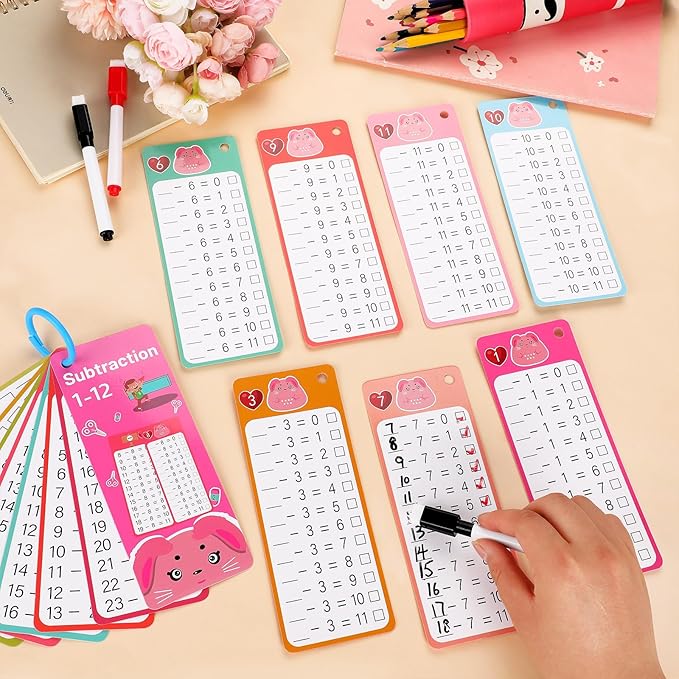 15Pcs Subtraction Flash Cards, Subtraction Chart 1-12 with 2 Dry Erase Pens 1 Rings, Time Table Flash Cards for 1st to 3rd Grades Fun Learning with Math Game