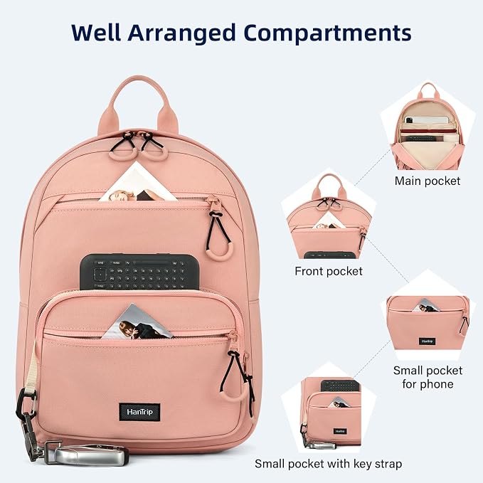 HanTrip 13 Inch Mini Small Travel Backpack Cary on For Women Men, Pink | 13L Capacity, Lots of Pockets, Padded Shoulder Strap, Lightweight, Water Resistant, Bookbag for College, Commuter, Work