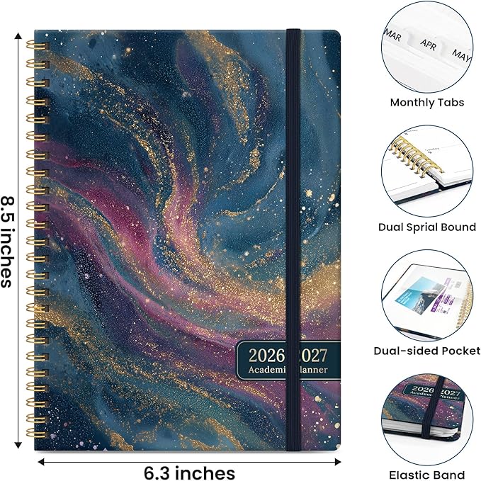 Planner 2026-2027, Hardcover Monthly and Weekly Academic Planner July 2026 - June 2027, Teacher and Student Calendar Agenda Book with Tabs, A5 (6.3" x 8.5"), Ideal for School and Office, Galactic Spiral